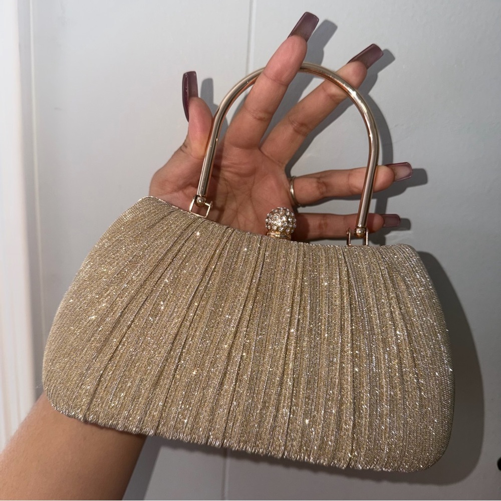 T.J.Maxx Gold Glitter Pleated Evening Clutch with Top Handle